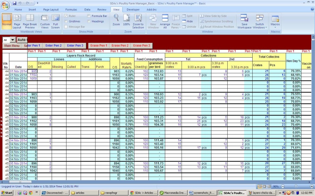 Layers Daily Operations Data Entry Table - Showing Computed Mortality Rates, Feeding Rates, Egg Collections and HDPs per cage line of birds. 