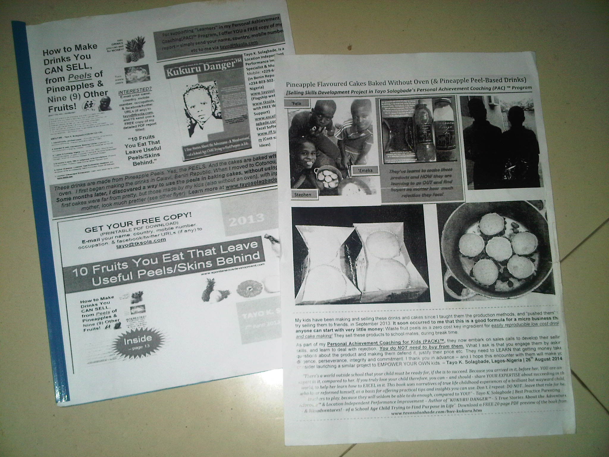 Photo of folder in which the flyers for their products, as well an introductory page were filed. The coloured versions were given out. What's left here are the black and white photocopies