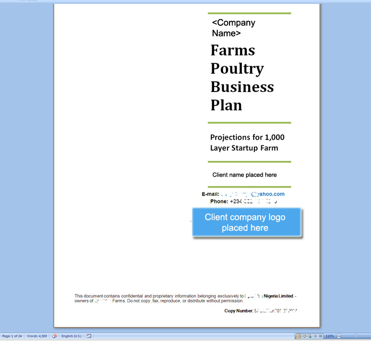 Screenshot of the 1,000 bird Poultry Layer Farm Business Plan I prepared and sent to a new client in Nigeria - click to read the article I wrote on it.