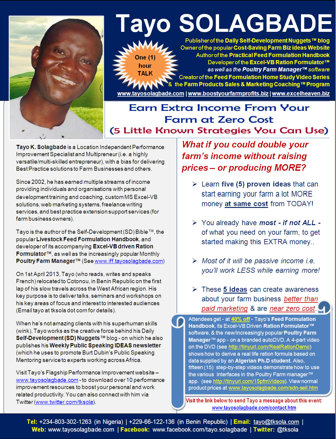 Click to download - PDF Speaker One Sheet for Tayo Solagbade's ONE HOUR TALK titled 'Earn Extra Income from Your Farm at ZERO COST (5 Little Known Strategies You Can Use)' 