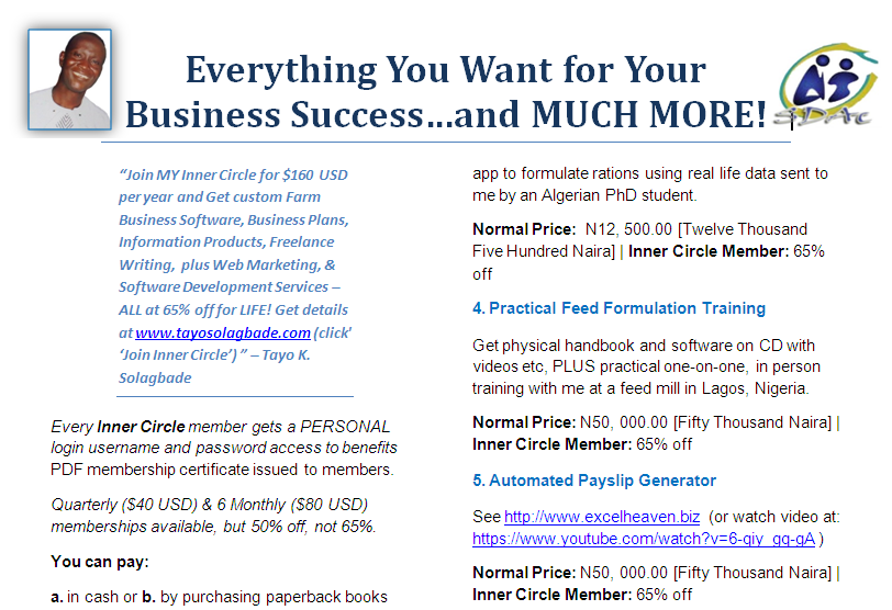 PDF - Click to download - Join MY Inner Circle for $160 USD per year and Get custom Farm Business Software, Business Plans, Information Products, Freelance Writing, plus Web Marketing, Software Development Services – ALL at 65% off for LIFE