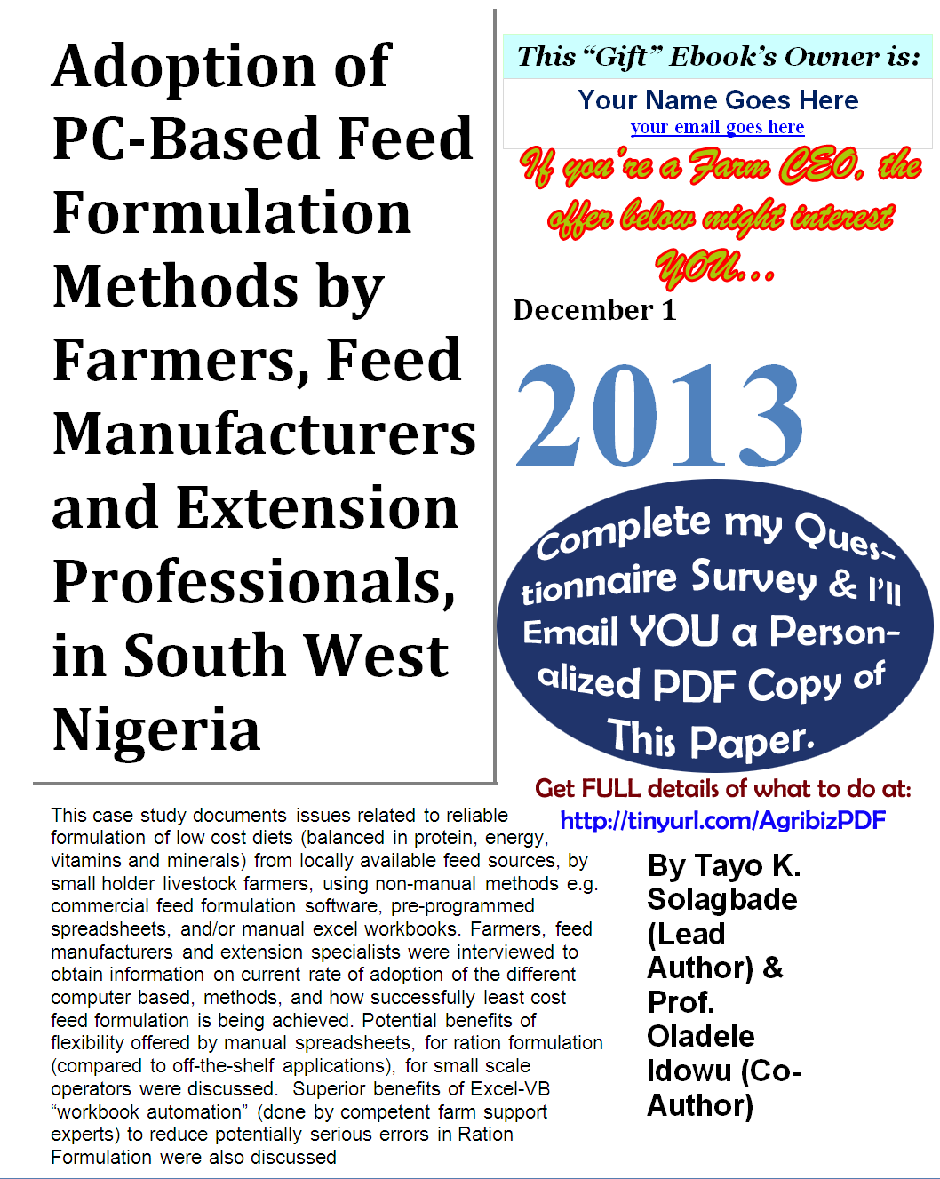 Image: [Annotated] Cover of Agribusiness Research Paper I got paid to write in December 2013 by a European Union funded NGO based in Holland. It's titled 'Adoption of PC-Based Feed Formulation Methods by Farmers, Feed Manufacturers and Extension Professionals, in South West Nigeria.'