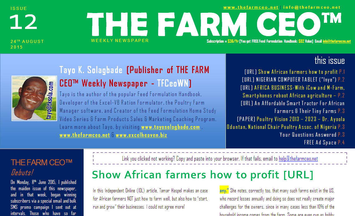 Screenshot of the cover for Issue No. 12 of THE FARM CEO (Monday 24th August 2015)