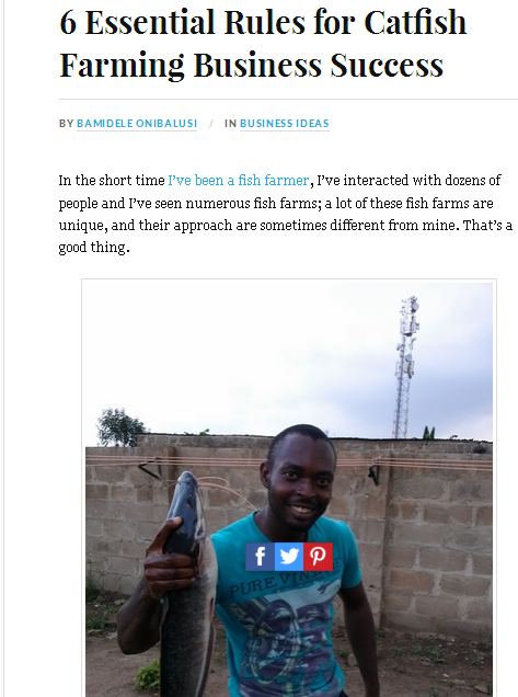 Photo - Bamidele Onibalusi - holding a large catfish: Today, he is 21 years old, and now owns a large catfish farm, which he personally runs with hired hands