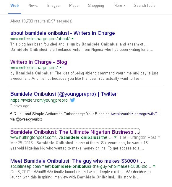 Screenshot - Bamidele Onibalusi - Google results page on his freelance writing service