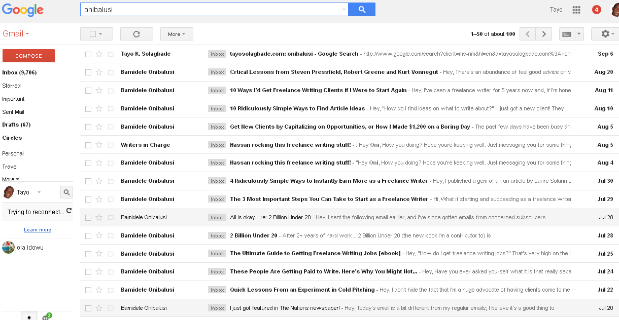 Screenshot - Tayo Solagbade's GMAIL inbox showing newsletters broadcasts recived from Bamidele Onibalusi