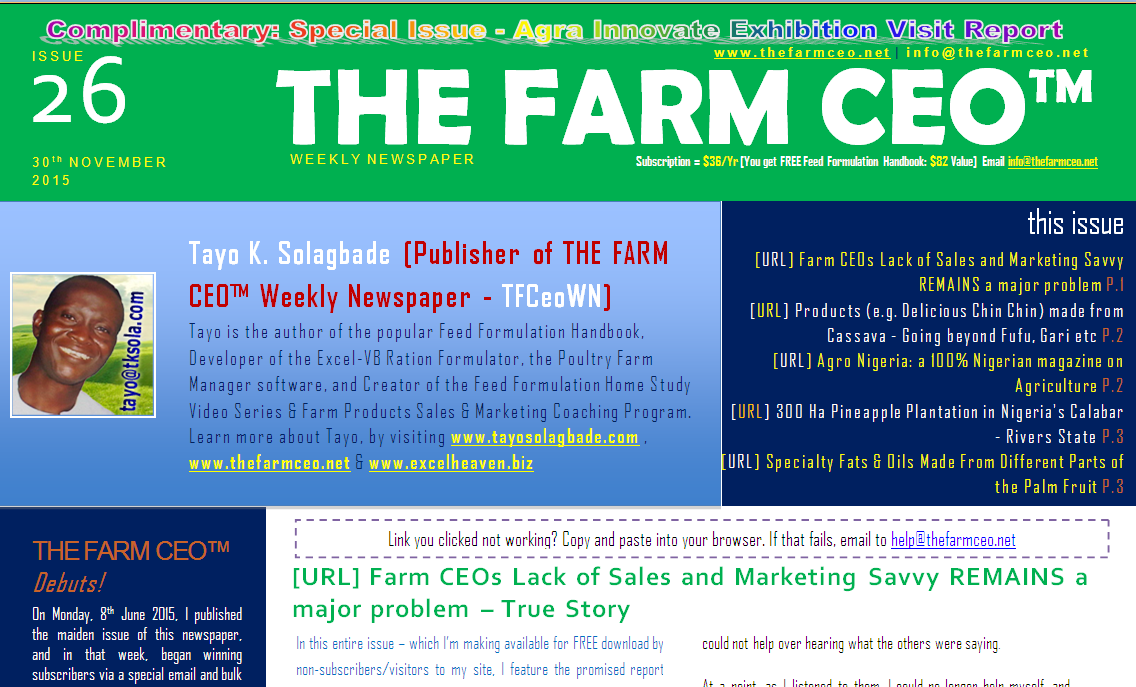 Screenshot of the cover for Issue No. 26 of THE FARM CEO (Monday 30th November 2015)