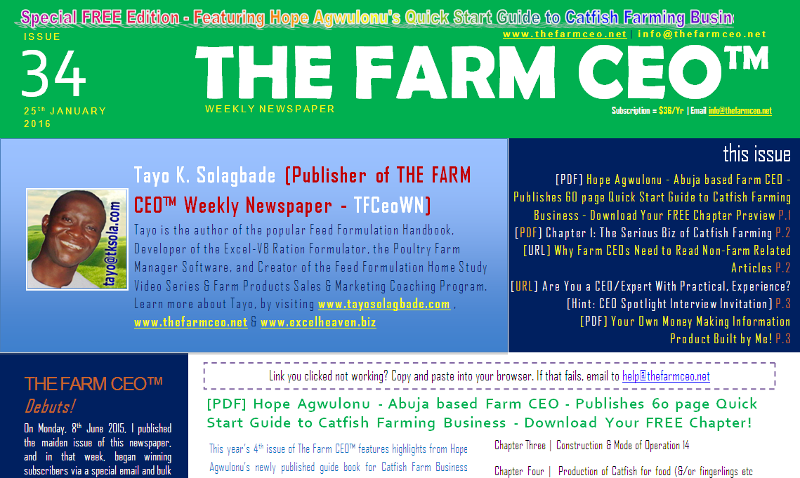 Screenshot of the cover for Issue No. 34 of THE FARM CEO (Monday Monday 25th January 2016)