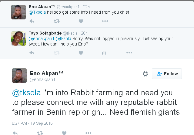 Screenshot of a tweeted request from Eno, a Nigerian Rabbit farm owner