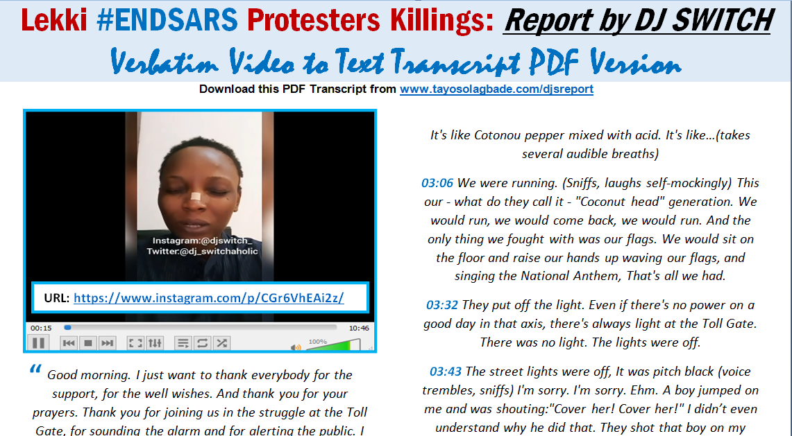 Lekki #ENDSARS Protesters Killings: Report by DJ SWITCH [Download and Read THIS Verbatim Video to Text Transcript PDF Version]
