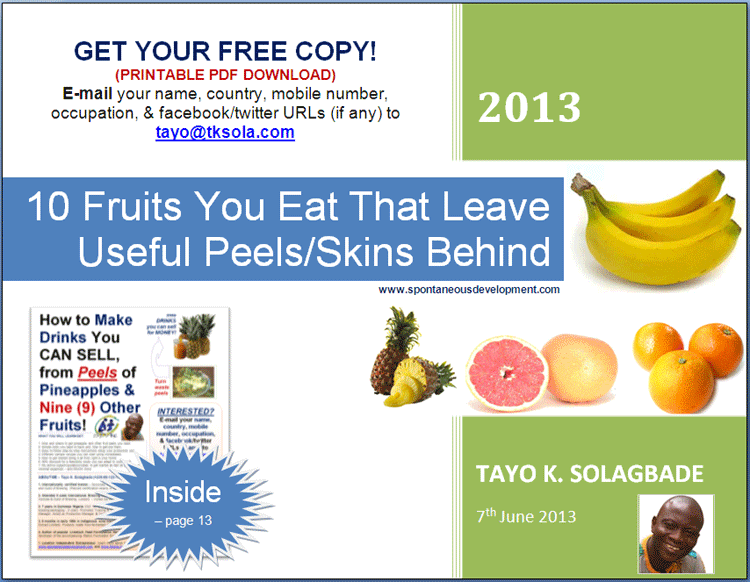 Screenshot of PDF report titled “10 Fruits You Eat That Leave Useful Peels/Skins Behind.'