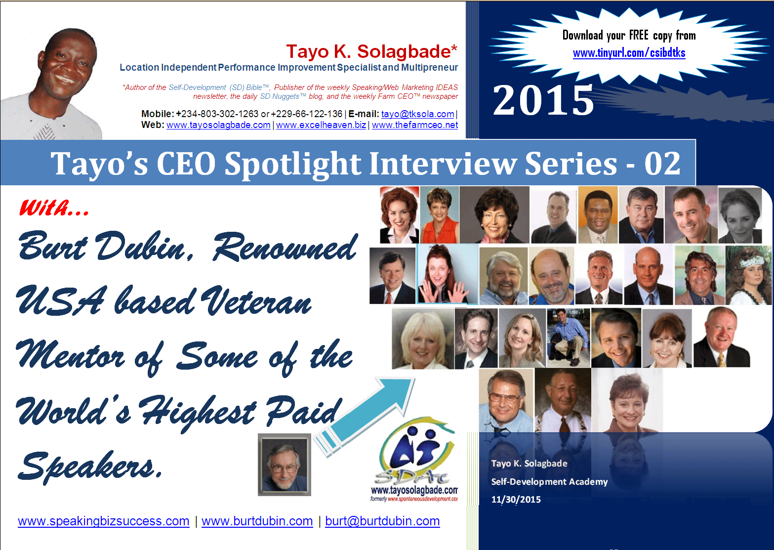 PDF Cover page - CEO Spotlight Interview With Burt Dubin, 91 Year Old Creator of the Speaking Success System™, and Mentor to Some of the World’s Highest Paid Speakers