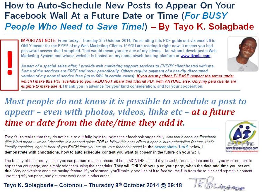 PDF: How to Auto-Schedule New Posts to Appear On Your Facebook Wall At a  Future Date or Time (<em>For BUSY People Who Need to Save Time! Click now to download