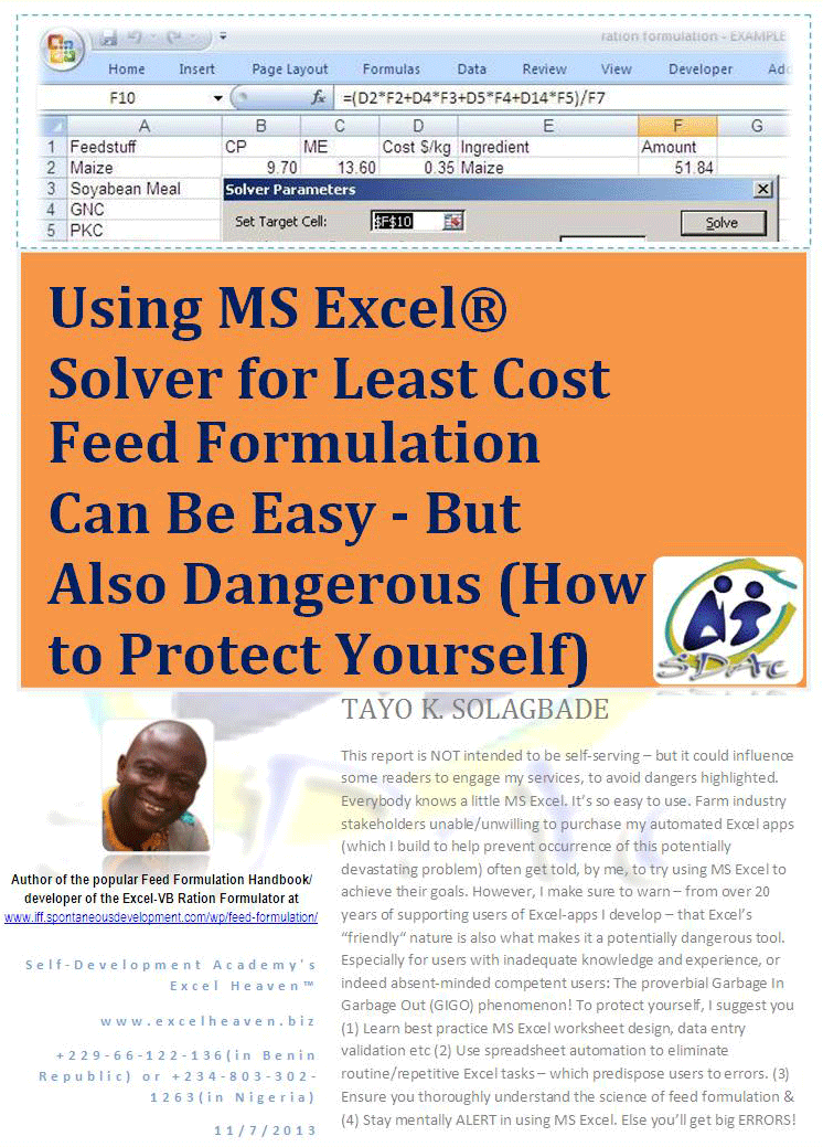 Using MS Excel® Solver for Least Cost Feed Formulation Can Be Easy - But Also Dangerous (How to Protect Yourself) - Click to download