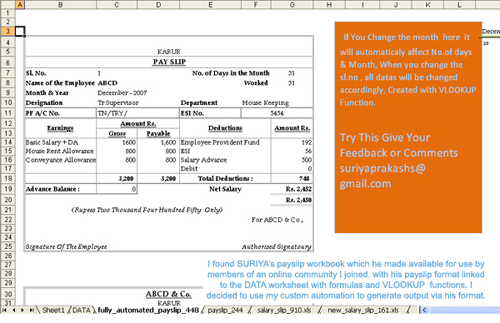 Figure 2: Screenshot showing a simple 2 pay slips to a page worksheet (the pay slips linked via simple formulas and VLOOKUP functions to a Salary Schedule sheet named “DATA”) in an MS Excel workbook found online – see the custom automated version in Figure 3 (below).