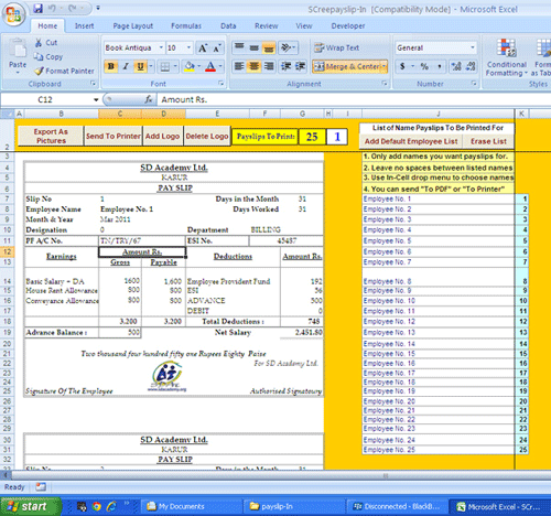 Figure 3: Screenshot showing the pay slips generation page from Figure 2, AFTER custom custom automation had been introduced into it, by CB Studio. Note the buttons for automated LOGO Addition and export of ready-to-print multi-page Pay slips report. 