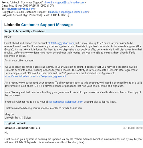 Linkedin support reply - Click to view larger image