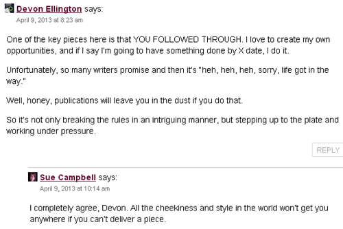 Screenshot - A valuable exhange of insights between Sue and Devon Ellington in the comments section of her post, highlights a need for writers to diligently commit to meeting agreed deadlines