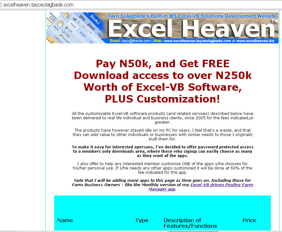 Screenshot of Tayo Solagbade's Unlimited MS Excel Software Downloads offer page - www.excelheaven.tayosolagbade.com
